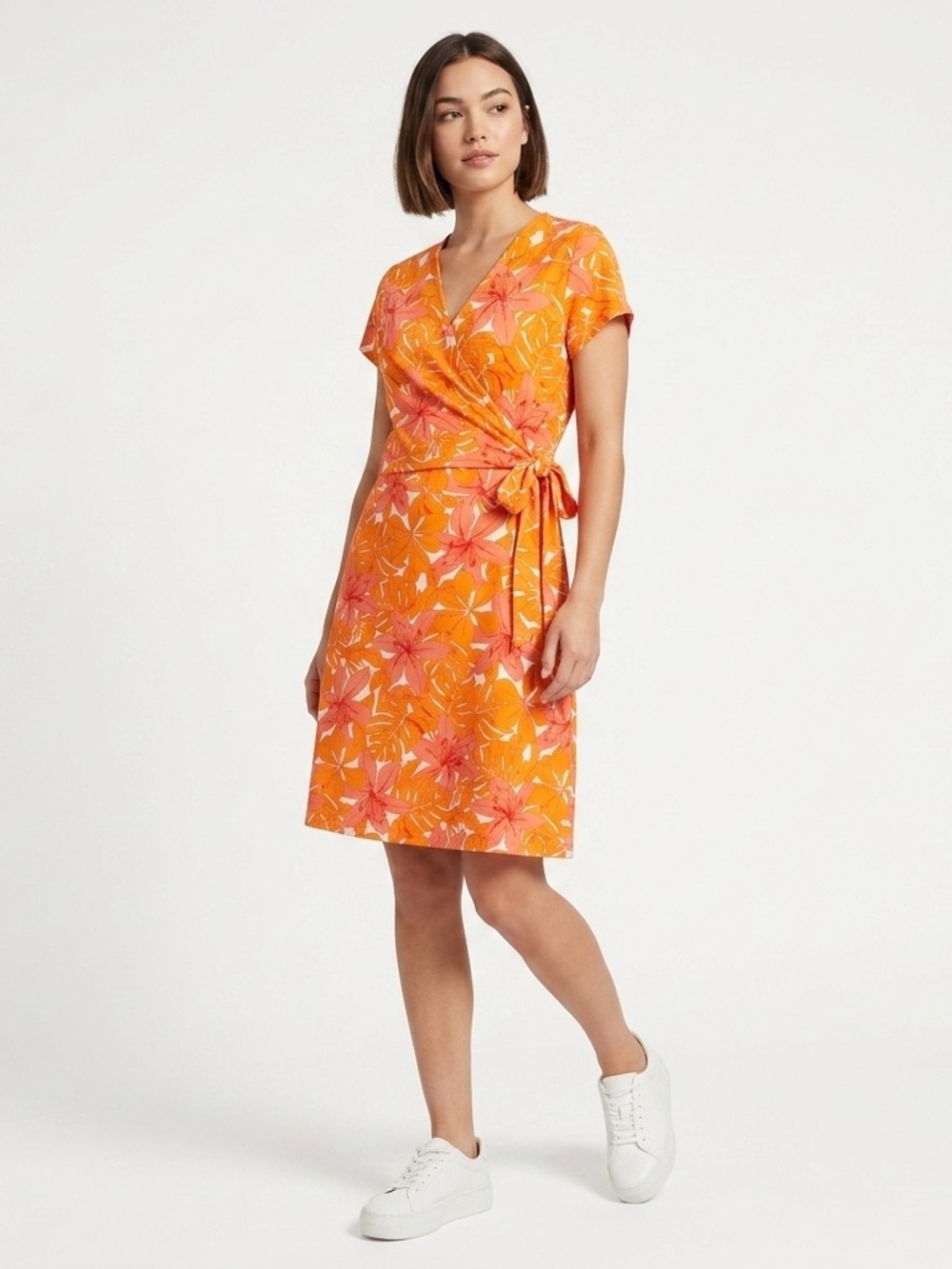 Lands End Wrap Dress Short Sleeve Tie Waist Tropical Floral Orange Plus Size 3X